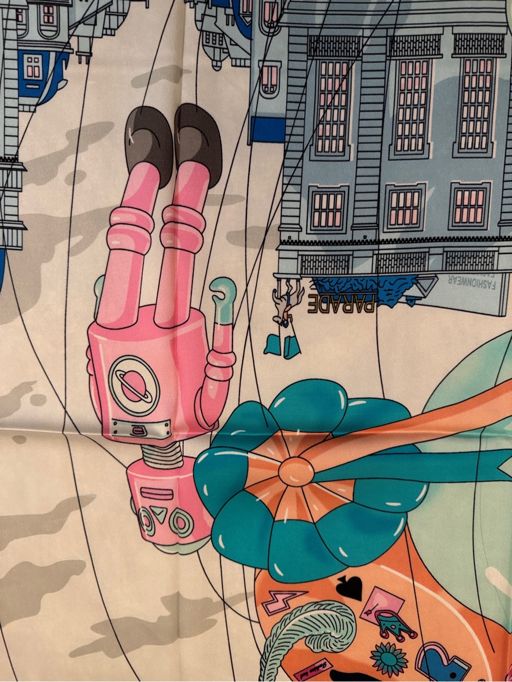 Luxury 90cm Silk Scarf with Teal, Pink & Blue Illustration - Picture 4 of 6